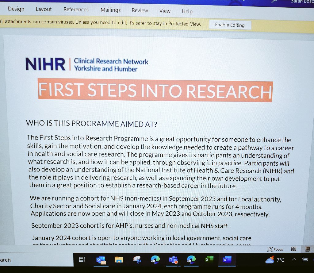 SportFixYorks's tweet photo. Applications now open for next cohorts of the NIHR Yorkshire &amp; Humber "First Steps in Research"
NHS cohort to start Sept 2023, Social Care/Charity Sector to start Jan 2024 (Can send flyer on request). #SocialCare #PaRC
 @M_Wilberforce @rachymurph33 @RichardWebbNY @YHCuriosity https://t.co/iswXVDVvbG