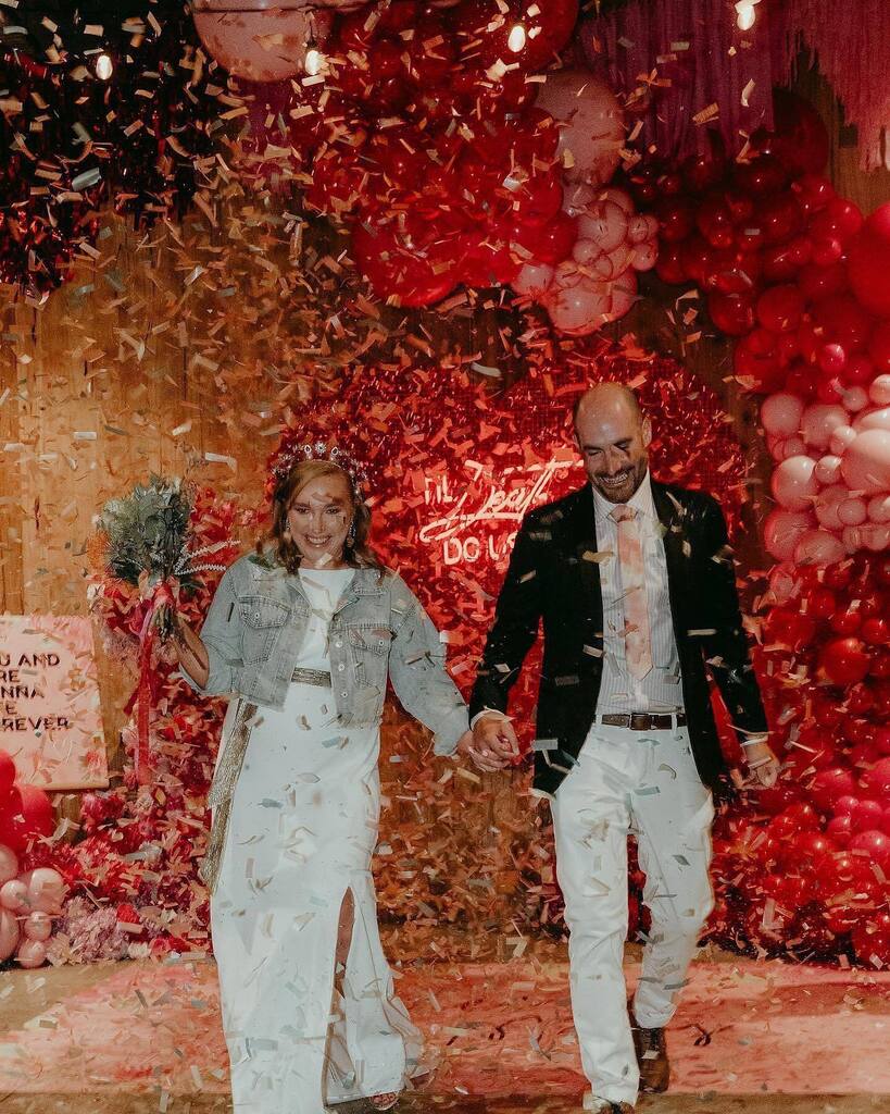 Confetti storm! This is what it looks like! Against that epic backdrop Aimee and Matty rocked the aisle
Photo <a href="/still/">matt</a>.muse.photography 

@thewarehousegeelong 
@boutiqueballoons.melbourne 
@neonhireau 
<a href="/memphis_hire/">Memphis Hire</a> 
@bakerboysband 
<a href="/jemma/">t cook</a>.hairandmakeup 
@happycamperpizza 
<a href="/pl/">Phil Lindsay</a>…