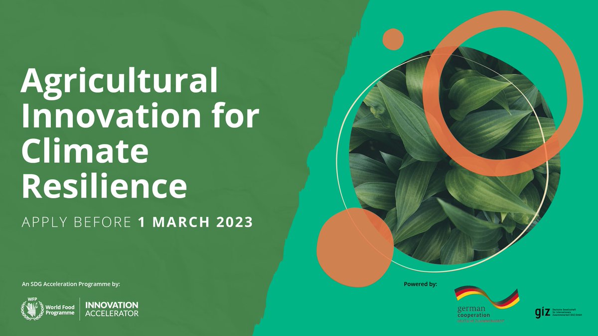 📣 Call for applications!📣

🌍 Does your #startup enable #agriculture stakeholders to mitigate the effects of #climatechange in low and middle-income countries? 

Yes? Then apply for <a href="/WFP/">World Food Programme</a>'s Agricultural #Innovation for #Climate Resilience Programme ➡️   bit.ly/WFP-AICR