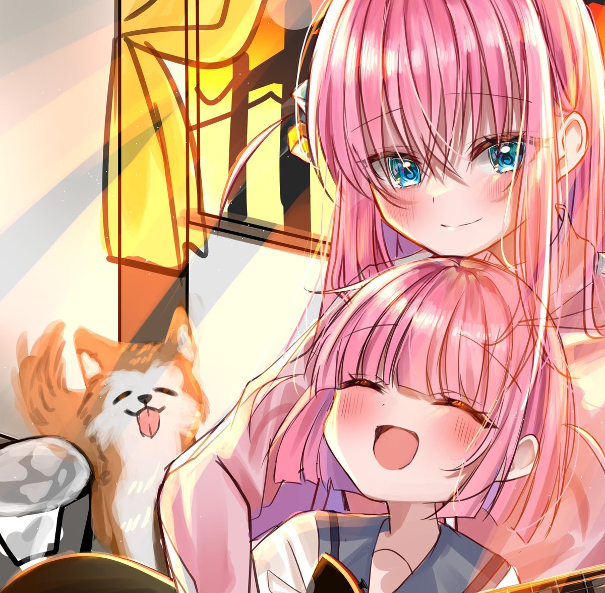 gotou hitori multiple girls pink hair 2girls dog long hair smile pink jacket  illustration images