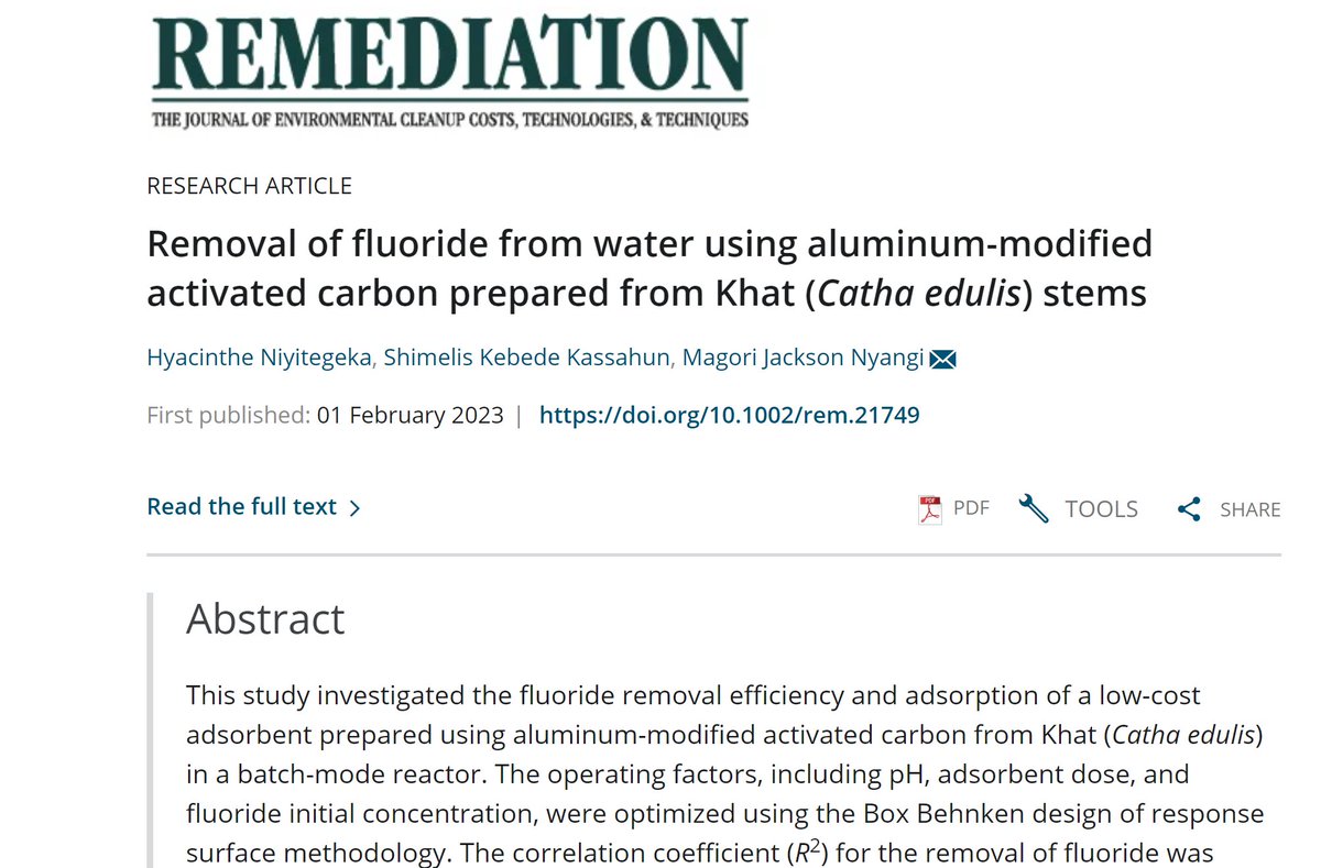 hyacinthe_ni's tweet photo. Thrilled to share my new research article:"Removal of fluoride, F- from water using aluminium-modified activated carbon prepared from Khat stems", which revealed that the modified adsorbent prepared well treats low F- concentration to a level recommended by WHO for drinking water https://t.co/X6wuj3NdOw