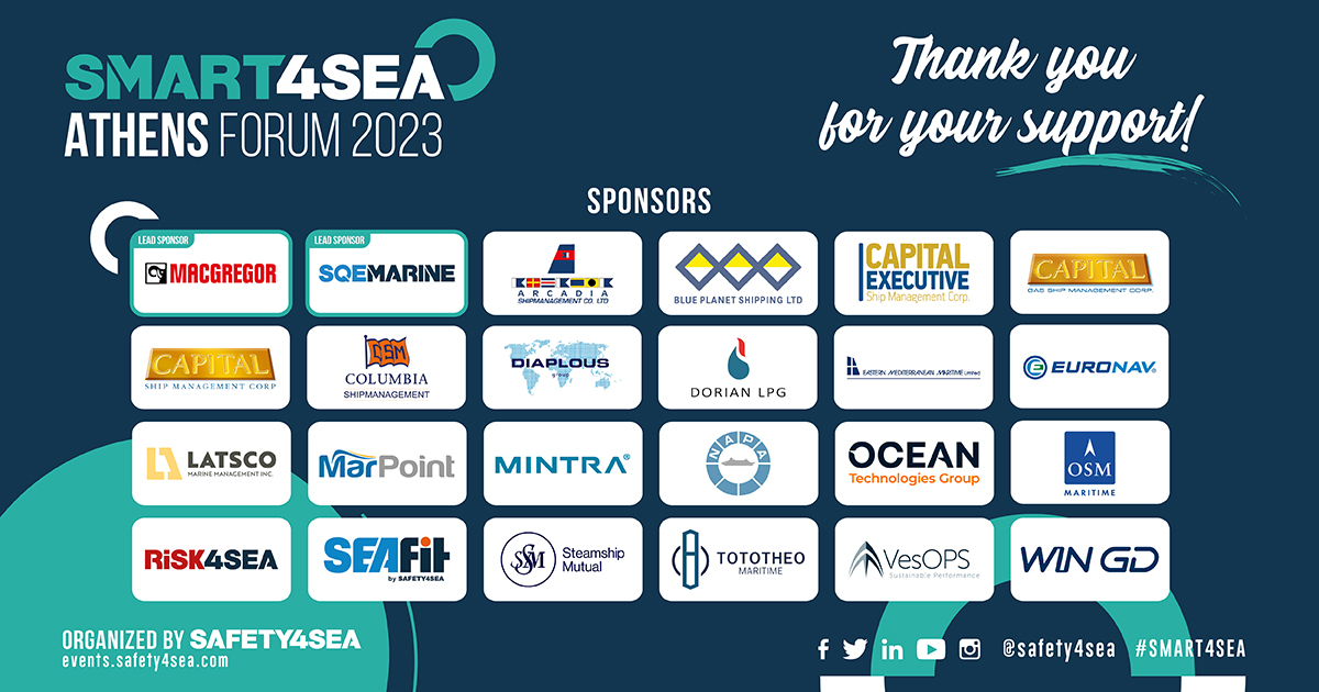 safety4sea's tweet photo. 2023 #SMART4SEA Athens Forum: Huge thanks to our sponsors!
- Eastern Mediterranean Maritime Limited (EASTMED)
- @EuronavNV
- Latsco Marine Management Inc.
- @MacGregorGlobal
- Marpoint
- @mintra
- @NAPAofficial
- @Oceantechgroup
- @OSM_Maritime
- @risk4sea (2/3) https://t.co/7QQjMhrp3N