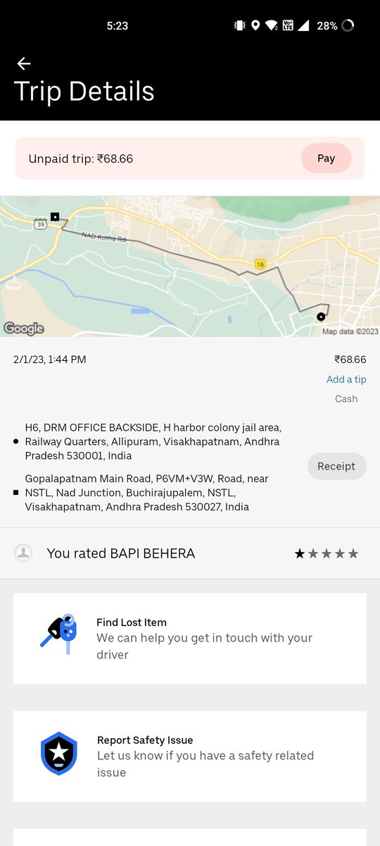 RJinluv's tweet photo. @UberINSupport @Uber_India I paid Rs 70 in cash to the @uber driver after the trip is completed but it's still showing unpaid in the app. There is no help request for this in app . There is neither a helpline number or a mail . Worst service and worst app. https://t.co/cXLxcpF0WP