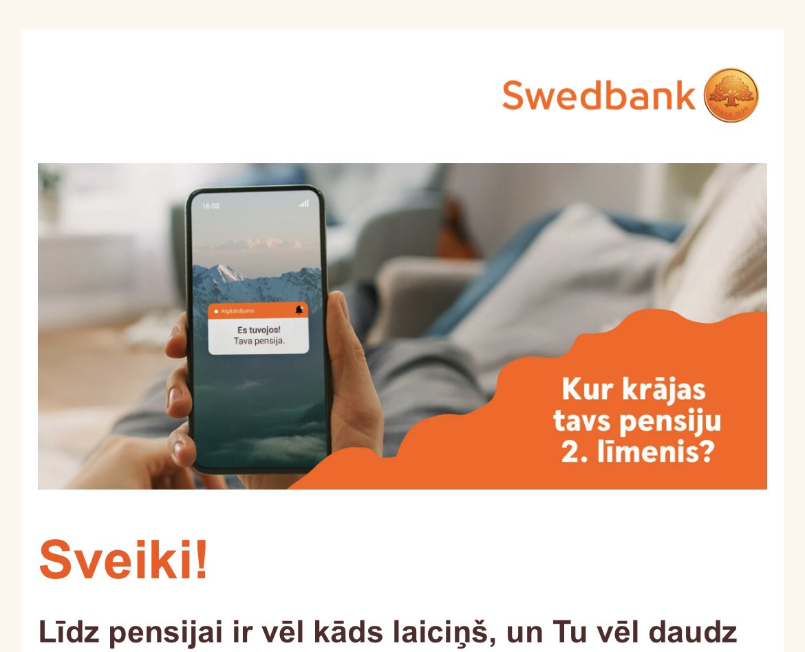 Fiorrra's tweet photo. Tā sajūta, kad drūmā 1. februāra dienā Swedbank Tev atgādina, ka līdz pensijai vēl ir kāds laiciņš… kāds laiciņš - skan tik depresīvi! https://t.co/bqzmdlhXwB