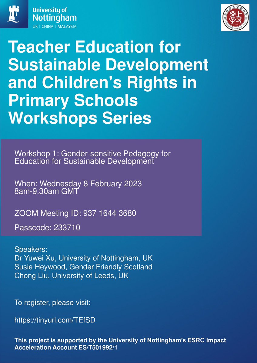 Our first <a href="/ESRC/">Economic and Social Research Council</a> impact acceleration workshop on gender-sensitive pedagogy in primary schools will be hosted via ZOOM on 8th Feb. with <a href="/GFNScotland/">Challenging Gender Stereotypes</a> <a href="/liuchonglll/">Chōng Liú 刘翀</a> <a href="/Dr_YuweiXu/">Dr Yuwei Xu 徐玉炜</a> as speakers. Please share to your networks and/or join us next week! <a href="/UoNSoE/">UoN Education</a> <a href="/UoNresearch/">Nottingham Research</a> <a href="/genderanded/">Gender & Education Association (GEA)</a>