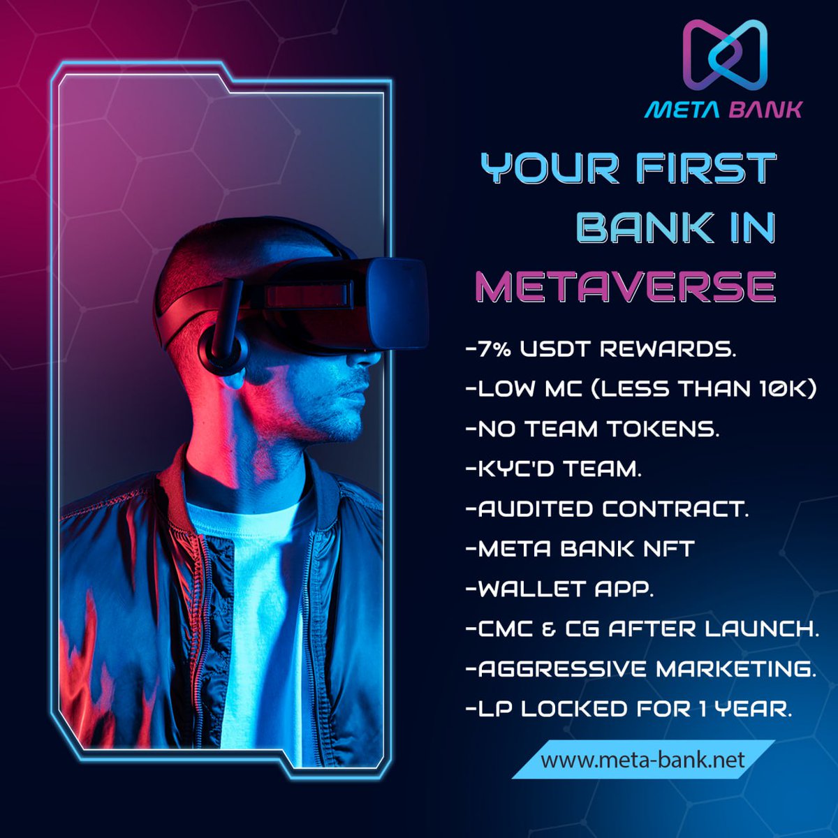 💰 The first bank in Metaverse which gives high rewards for any transaction✅7% USDT rewards ✅Low MC✅No team tokens✅NFT and wallet APP.

Fair Launch : pinksale.finance/launchpad/0xB9…

TG Group : t.me/MetaBankGroup

website : meta-bank.net

<a href="/MetaBankTraders/">Meta Bank</a>