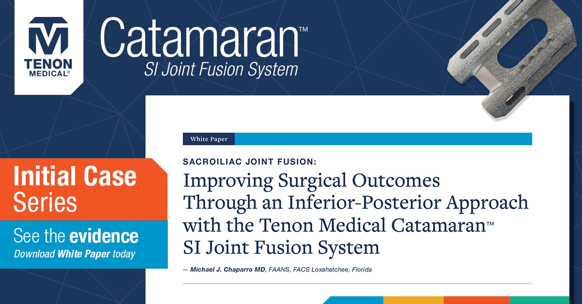 TenonMedical's tweet photo. Early clinical experience has shown that the Catamaran SI Joint Fusion System transfixes the SI joint with an inferior-posterior approach and has the potential to deliver significant &amp; sustained reduction in SI joint pain. Learn more: https://t.co/yng6bs7KU1
#SIJointFusion https://t.co/TYKB9XyFLM