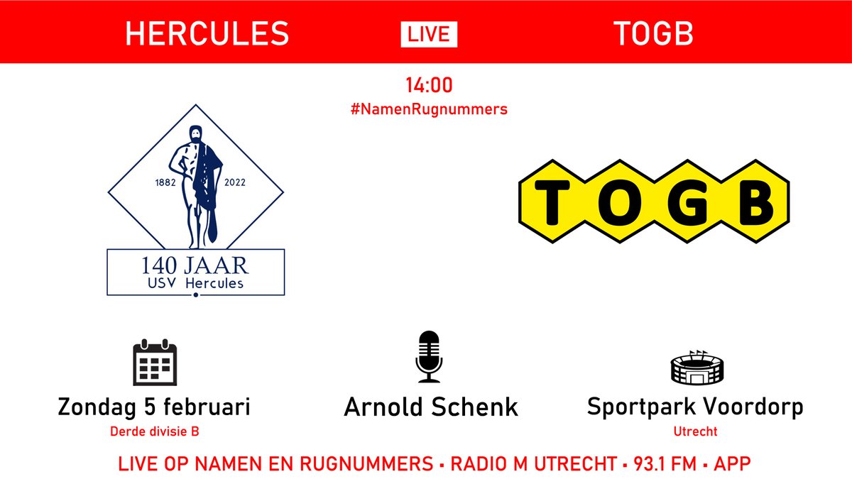 RTV Utrecht Sport (@rtvutrechtsport) on Twitter photo LIVE | Nummer vier Hercules ontvangt vandaag in de derde divisie nummer tien TOGB.
Van die wedstrijd doet @ArnoldSchenk verslag!
π» Live op Radio M Utrecht (93.1 FM)
#οΈβ£ #namenrugnummers #hertog <a href="/usvhercules1882/">usvhercules1882</a> @TOGB_1 LIVE | Nummer vier Hercules ontvangt vandaag in de derde divisie nummer tien TOGB.
Van die wedstrijd doet @ArnoldSchenk verslag!
π» Live op Radio M Utrecht (93.1 FM)
#οΈβ£ #namenrugnummers #hertog <a href="/usvhercules1882/">usvhercules1882</a> @TOGB_1