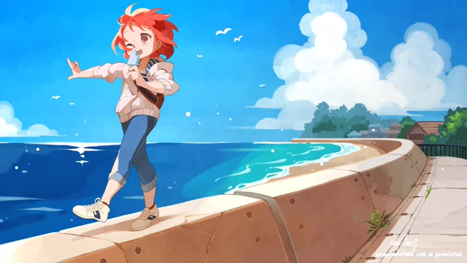 海辺をお散歩するイラストのご依頼でした!寒いけど!これは夏!こんな季節が恋しいなぁありがとうございました#SKIMA #commissions #背景イラスト 