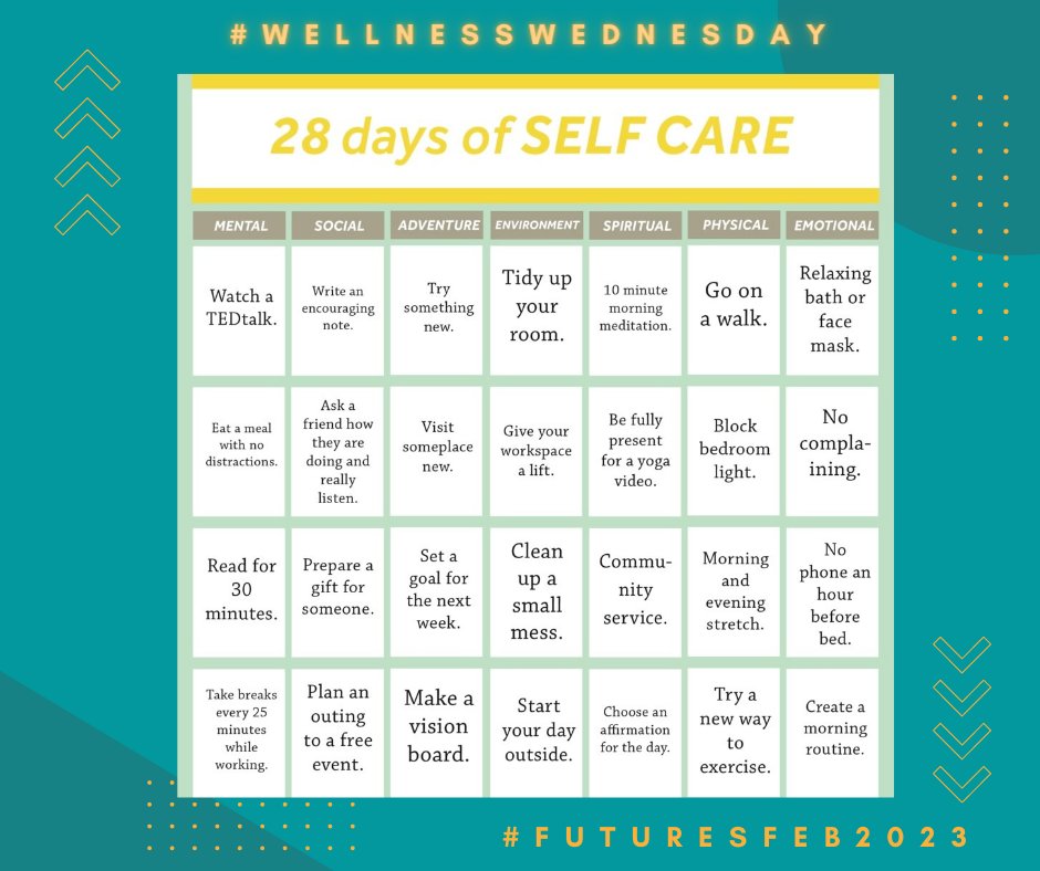 CIHFutures's tweet photo. Welcome to February #FuturesFam!
Today marks the start of LGBT History Month, Black History Month, & of course, #FuturesFeb.
We're kicking things off with #WellnessWednesday - what would be on your Wellness Bingo Card? https://t.co/mhs8hh1MMH