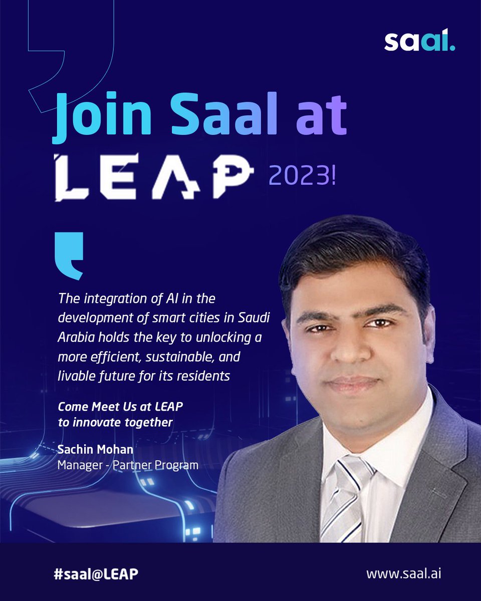 saalai_'s tweet photo. Join us at LEAP 2023 to explore the latest advancements in AI &amp; Big Data that we are bringing in to remove inefficiencies in conducting businesses. Prebook a meeting by sending your interest to marketing@saal.ai
#leapexpo #LEAP23 #LEAP #saal #artificialintelligenceai  #saal@LEAP https://t.co/9S2R5kJvua
