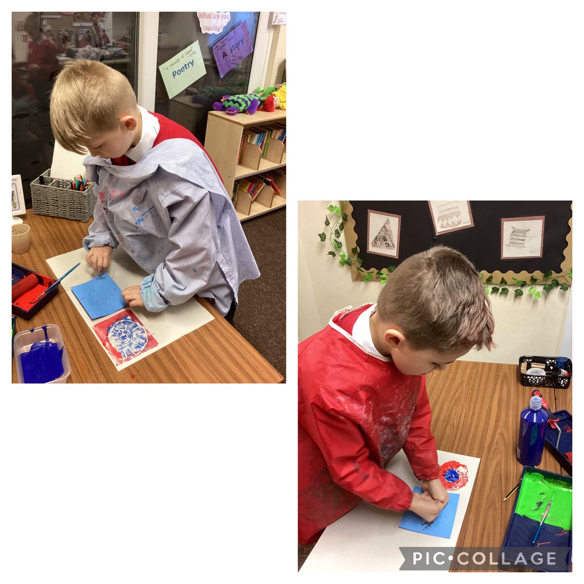 SchoolHuttoft's tweet photo. Year 3 have been exploring ammonites in their project learning this term and in Art have been sketching ammonites, building up to making their own printing tile of their chosen design. Today they were able to use their tiles to make a 2 coloured print. Don’t they look effective?! https://t.co/xFUxjhEg5e