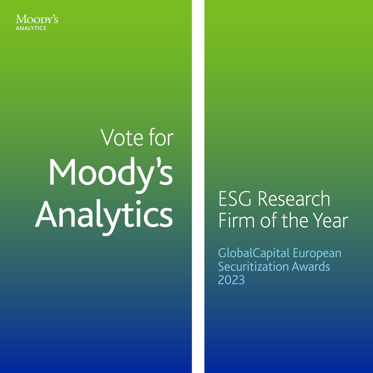 Moodys's tweet image. Have you voted yet? We’re honored to be shortlisted for ESG Research Firm of the Year in the 2023 GlobalCapital European Securitization Awards for our structured finance solutions. Vote here: euromoney.qualtrics.com/jfe/form/SV_2f…

#structuredfinance #securitization #ESG