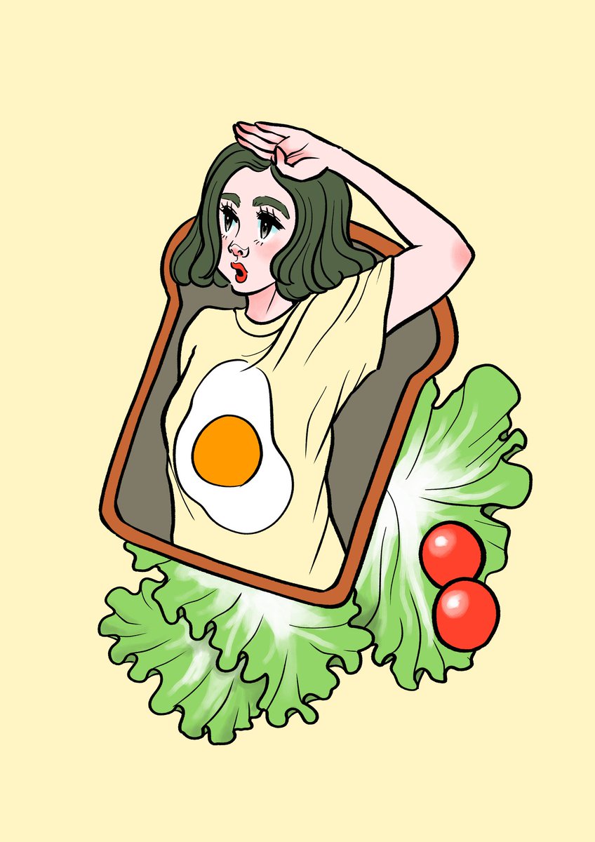 1girl solo shirt food yellow shirt tomato lettuce  illustration images