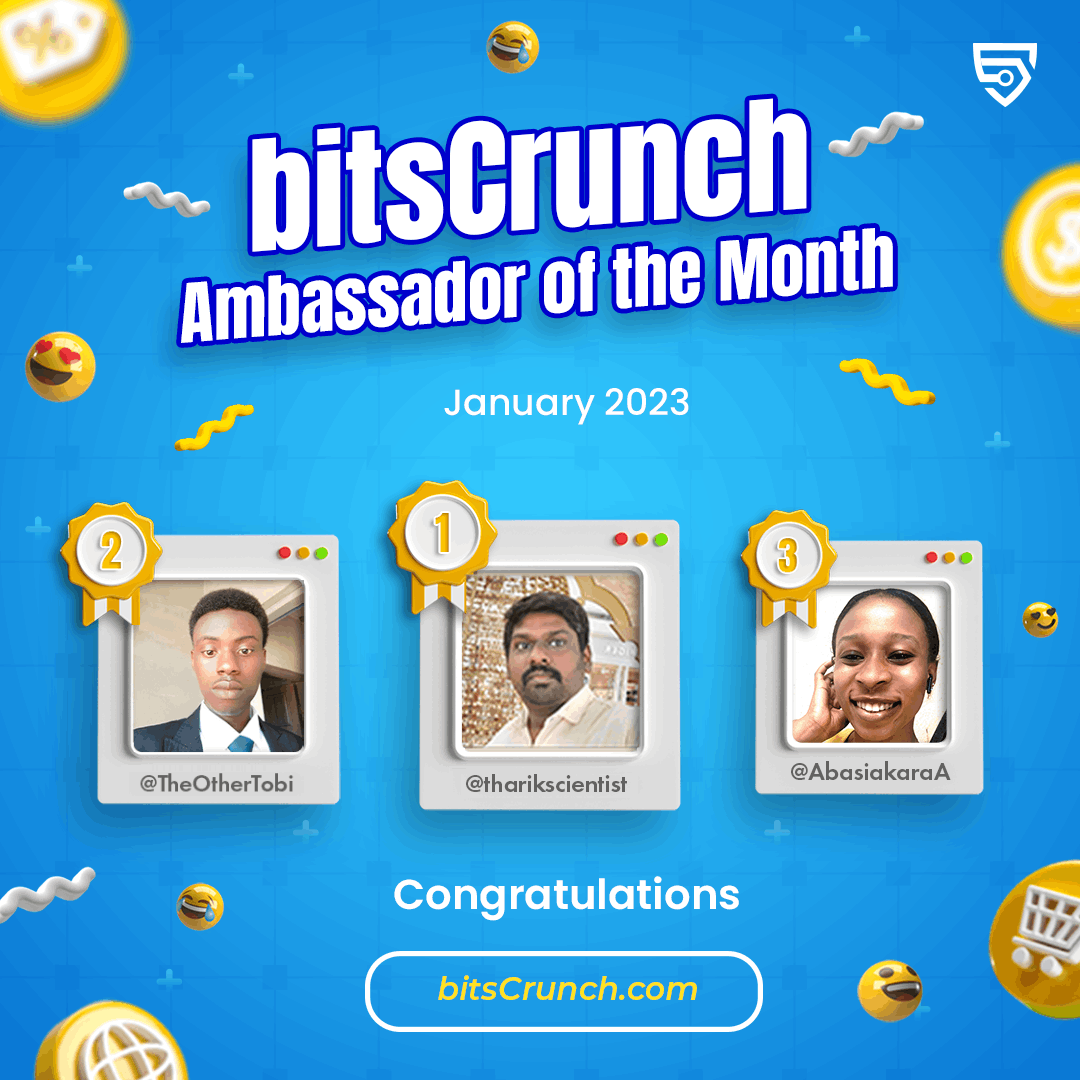 bitsCrunch's tweet photo. 🤩 Exciting announcement!

We are thrilled to announce our #Ambassadors of the Month! 

🎉Congratulations to @tharikscientist, @TheOthertobi, &amp; @AbasiakaraA for their exceptional contributions and dedication to promoting @bitsCrunch ’s mission

#AmbassadorOfTheMonth #nftcommunity https://t.co/T8dFvGPiJF