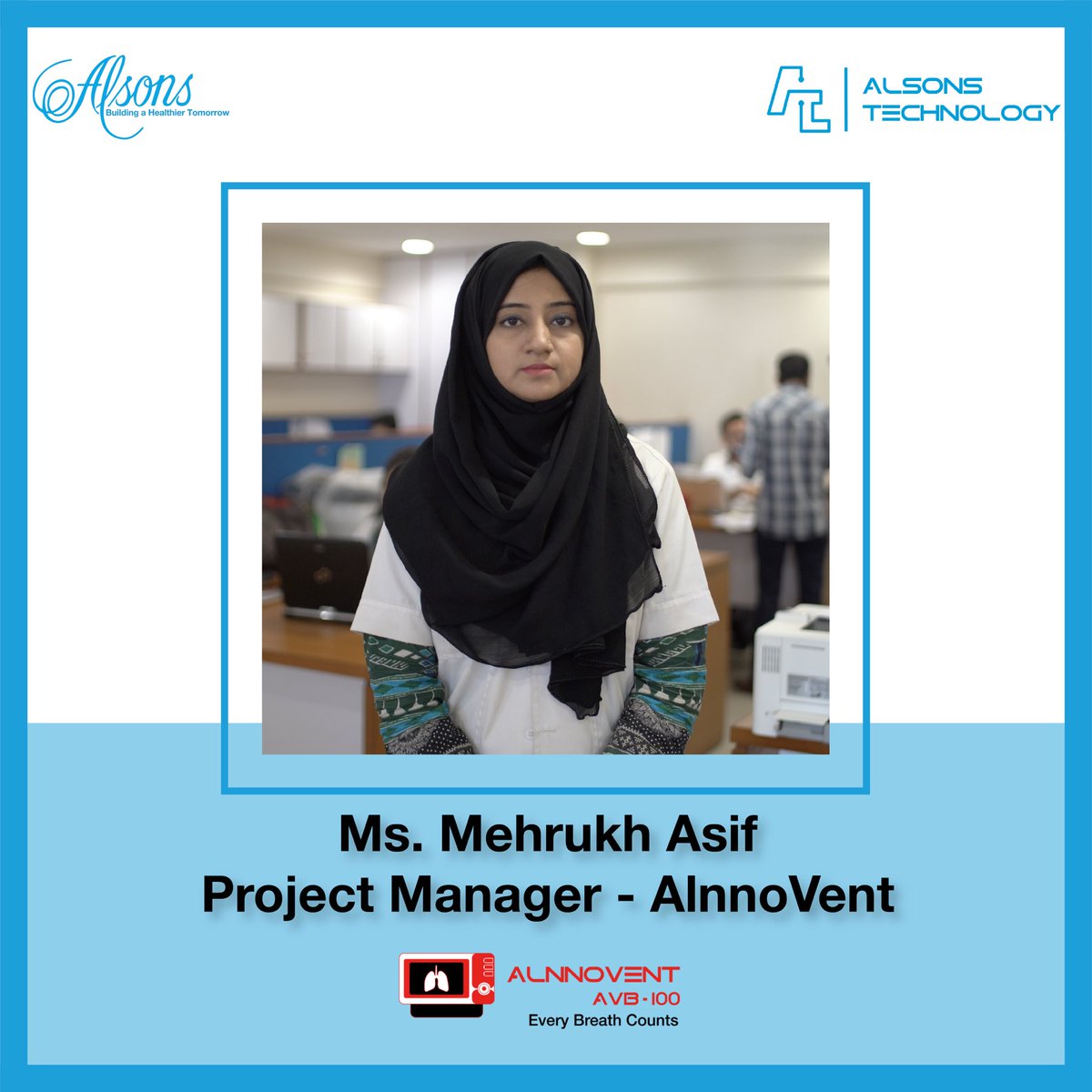 GroupAlsons's tweet photo. We are pleased to announce that Ms. Mehrukh Asif - Manager Quality at Alsons Technology - has been given the additional responsibility of Project Manager - AlnnoVent.

We wish Ms. Mehrukh the best of luck in her new assignment.

#AlsonsGroup #AlsonsTechnology #AlnnoVent https://t.co/etLls9X22F