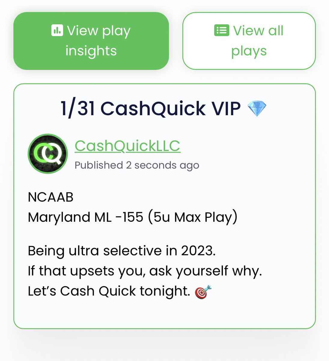 🍦🍦🍦🍦🍦

Congrats to VIP! 🎯

MARYLAND ML -155 (5u) ✅💰💨🔐

🏀#CBB 5u MAX PLAY CASHES!!🔥🔥

We are on a roll. +12u in last week! 🤑
DM us for VIP 📲 #GamblingTwitter