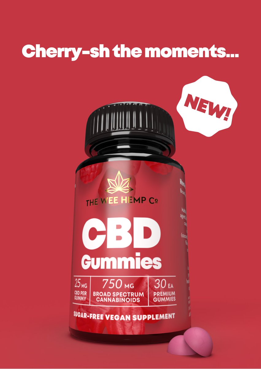 weehemp's tweet photo. 📍 Wee CBD Gummies are here!! 📍

✅ 25mg Broad Spectrum CBD per Gummy!
✅ 100% Vegan
✅ Sugar-Free!
✅ Premium Quality
✅ <0.2% THC
✅ Heavenly Cherry Flavour

Cherry-sh the moments 🍒🙏🏼

Check Them Out Here, £5 Off This Week:
https://t.co/MeSFMjxy86 https://t.co/K0I0gNY5mm