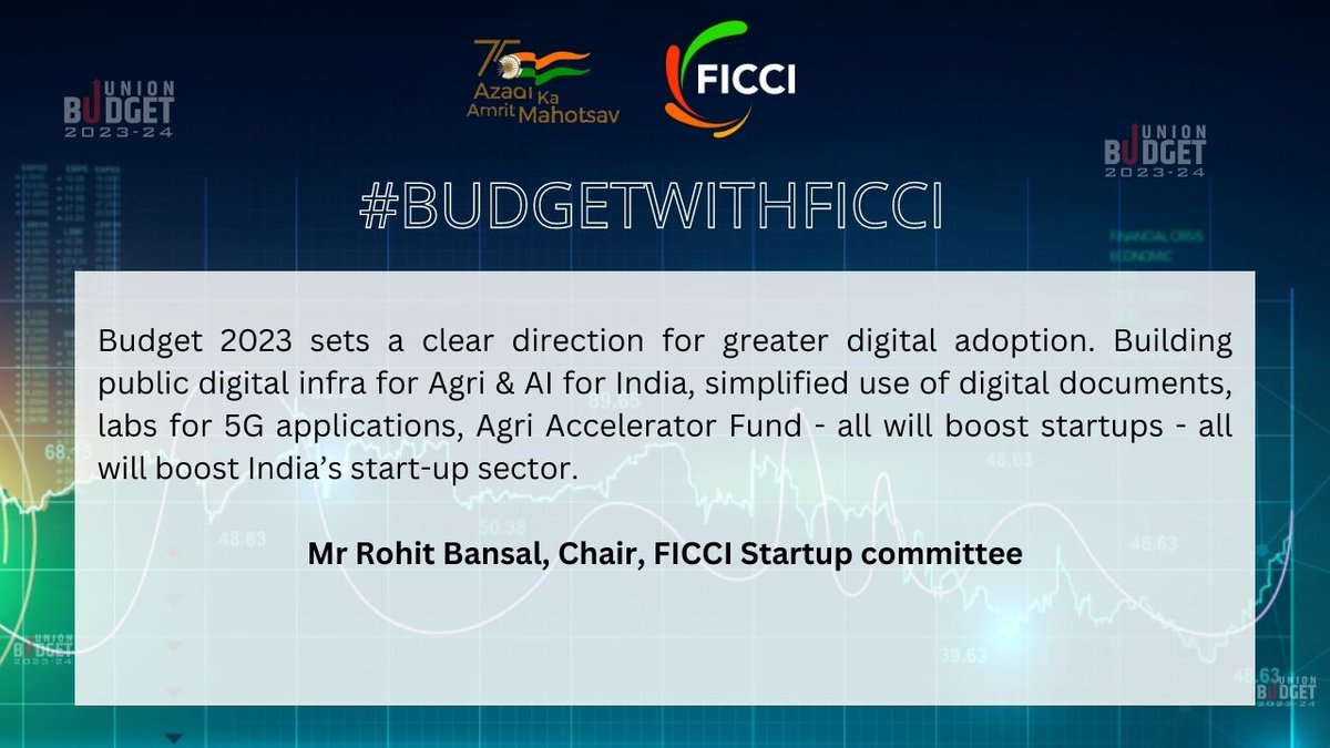 #Budget2023 sets a clear direction for greater digital adoption. Building public digital infra for Agri &amp; AI for India, simplified use of digital documents, labs for 5G applications, Agri Accelerator Fund - all will boost startups: Mr <a href="/rohitkbansal/">Rohit Bansal</a>, Chair FICCI Startup committee.