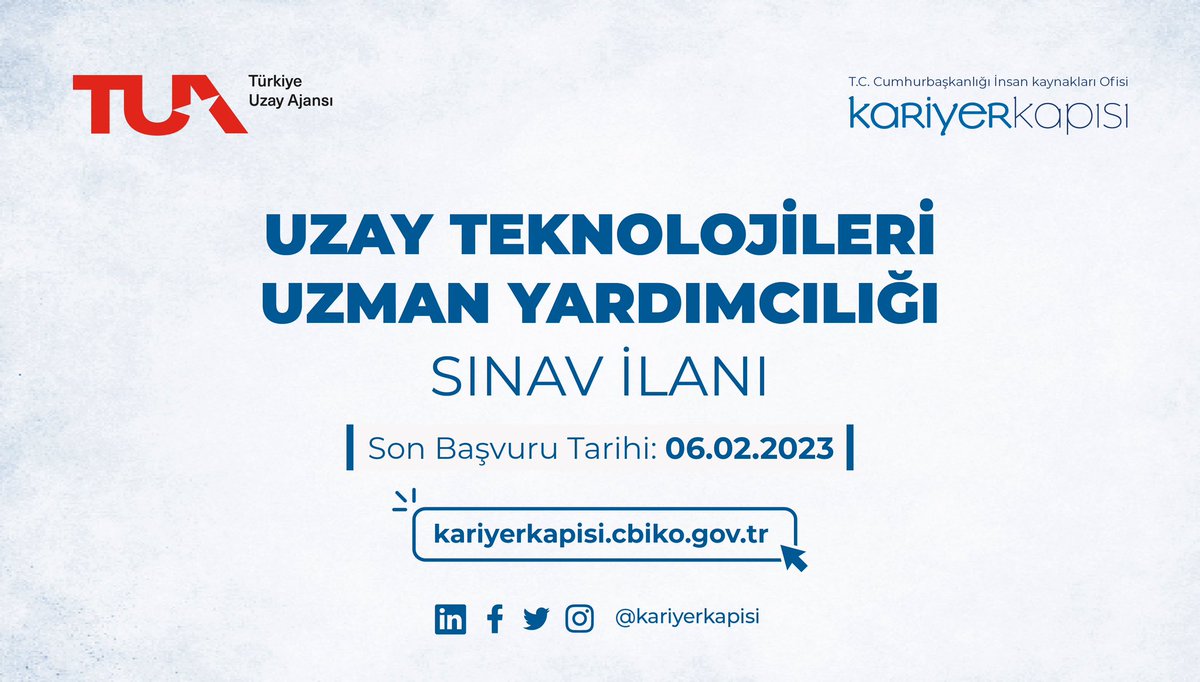 Kariyer Kapısı (@kariyerkapisi) on Twitter photo Türkiye Uzay Ajansı Uzay Teknolojileri Uzman Yardımcılığı giriş sınavı başvuruları başladı! <a href="/tccbiko/">T.C. Cumhurbaşkanlığı İnsan Kaynakları Ofisi</a> <a href="/tuajans/">Türkiye Uzay Ajansı</a>
👉🏼 Başvuru: kariyerkapisi.cbiko.gov.tr
🗓️ Son Başvuru Tarihi: 6 Şubat 2023 Türkiye Uzay Ajansı Uzay Teknolojileri Uzman Yardımcılığı giriş sınavı başvuruları başladı! <a href="/tccbiko/">T.C. Cumhurbaşkanlığı İnsan Kaynakları Ofisi</a> <a href="/tuajans/">Türkiye Uzay Ajansı</a>
👉🏼 Başvuru: kariyerkapisi.cbiko.gov.tr
🗓️ Son Başvuru Tarihi: 6 Şubat 2023