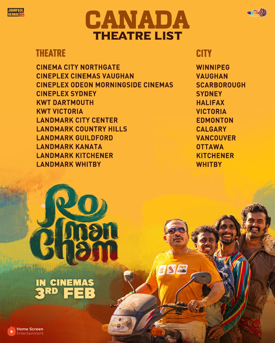#Romancham Canada theatre list is here!

In cinemas from February 3.

#SoubinShahir | #ArjunAsokan | #ChembanVinodJose | #JithuMadhavan | #SushinShyam | #JohnpaulGeorgeProductions | #GuppyCinemas 

#RomanchamFromFeb3