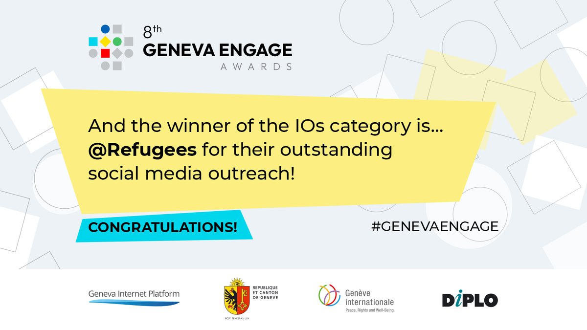 DiplomacyEdu's tweet image. And the winner of the IOs category is… 🥇 @Refugees for their outstanding social media outreach! Congratulations! 🎊 #GenevaEngage