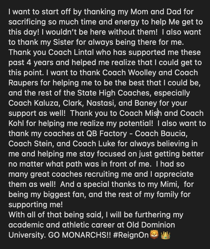 Excited for the next chapter!  #ReignOn <a href="/ODUFootball/">ODU Football</a> <a href="/RickyRahne/">Ricky Rahne</a> <a href="/CoachKevinSmith/">Kevin Smith</a> <a href="/Garrett__Alan/">Garrett Clawson</a> <a href="/CoachBaker_/">Steven Baker</a> <a href="/statehighfball/">State College Football</a> <a href="/SCoachLintal/">Coach Matt Lintal</a> <a href="/andywoolley16/">Woolley Mammoth</a> <a href="/EddieMish22/">Coach Eddie Mish</a> <a href="/KohlsKicking/">Kohl's Kicking Camps</a> <a href="/QB_Factory/">Quarterback Factory</a> <a href="/QBCoachBaucia/">Chris Baucia</a> @PRZPAvic <a href="/KyleJAndrews_/">Kyle J. Andrews</a>