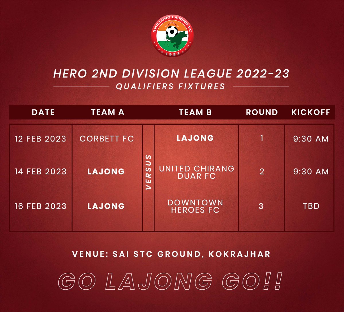 lajongfc's tweet photo. THE II DIVISION LEAGUE 2022-23 QUALIFIERS FIXTURES IS OUT!!.
#2divisionleague #shillonglajongfc #LajongFC #corbettfc #qualifiers #comeonyoureds #golajonggo #proudtobenortheast https://t.co/uUEmTPjMPN