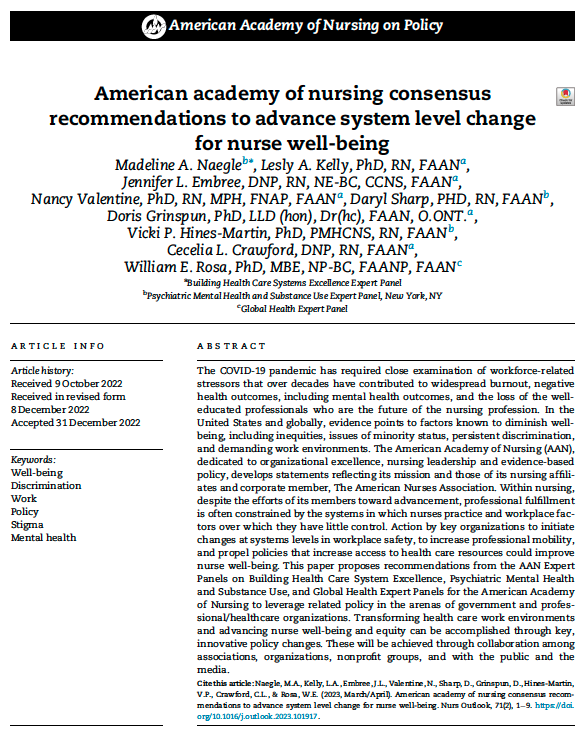 BillyRosaPhD's tweet photo. 📢 Our new @AAN_Nursing consensus recs on system level policy changes for #nurse wellbeing in @NursingOutlook. #Advocacy &amp; strategic implementation efforts needed with a focus on #diversity, #equity, &amp; #inclusion. 💻Link to full article:   https://t.co/qI3c43IwlC https://t.co/dAJHNOX2O5
