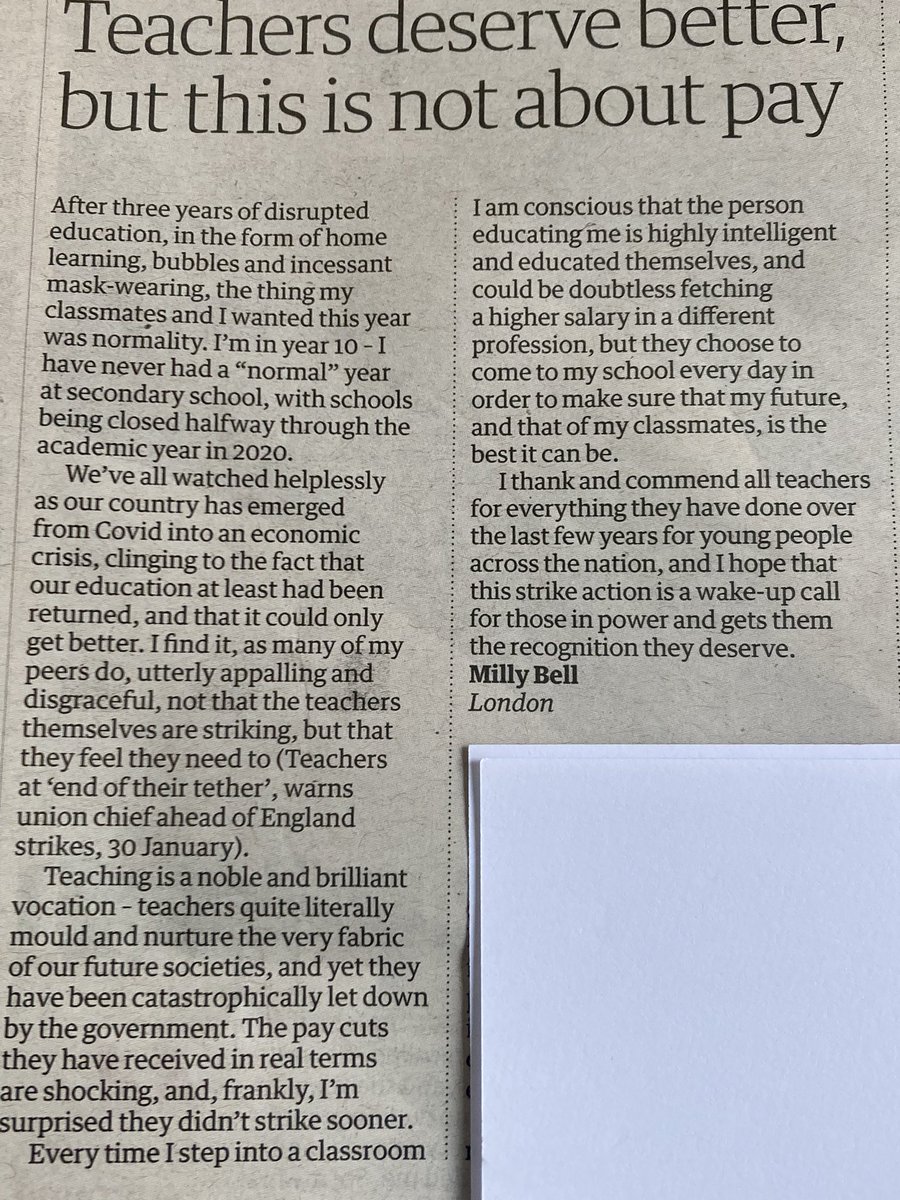 BRILLIANT letter from Year 10 pupil Milly Bell in today’s <a href="/guardian/">The Guardian</a> .
 These young people are our future, <a href="/GillianKeegan/">Gillian Keegan</a> 
Shame on you for your callous attitude
I am a retired teacher &amp; I salute Milly and her cohorts
They deserve so much better than scum like you

#TeacherStrike
