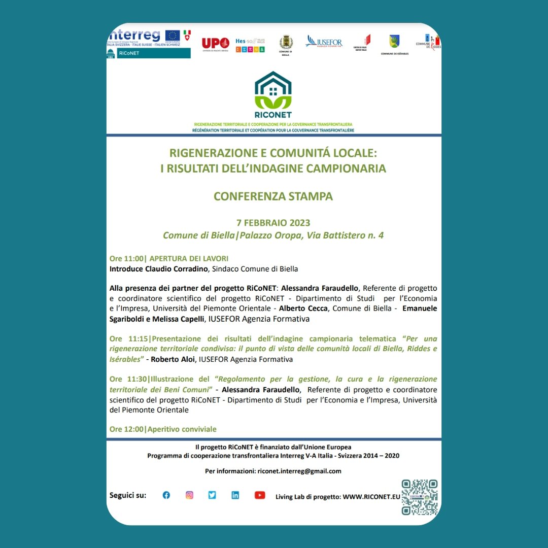 RiCoNETinterreg's tweet image. 🇮🇹 Conferenza stampa RiCoNET
7 Febbraio 2023
Dalle 11 alle 12, a seguire aperitivo conviviale
Biella - Palazzo Oropa, V. Battistero, 4
🇨🇭 Conférence de presse RiCoNET
7 février 2023
De 11h à 12h, suivi d'un apéritif convivial
Biella - Palazzo Oropa, V. Battistero, 4