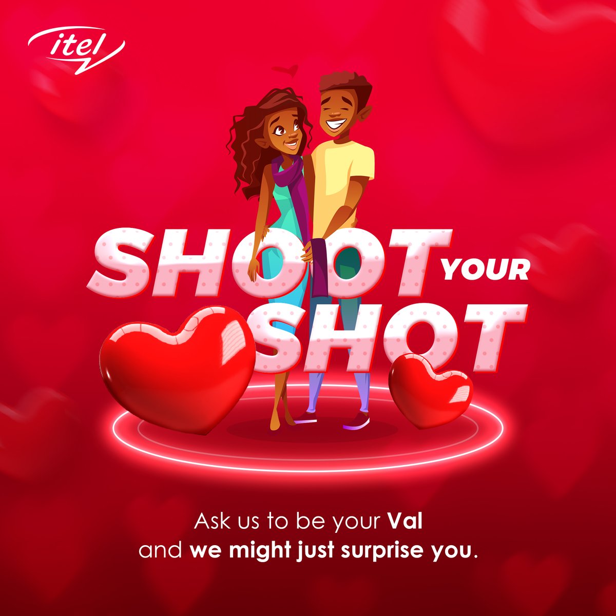 itelNigeria's tweet photo. Shoot your shot at us for Valentine's Day and we just might surprise you.🎁

All you need to do is;

1. Ask us to be your Valentine in a creative and romantic way. 🥰

#MyitelValentine
#ShootYourShotAtitel https://t.co/cCUXz4JoLn