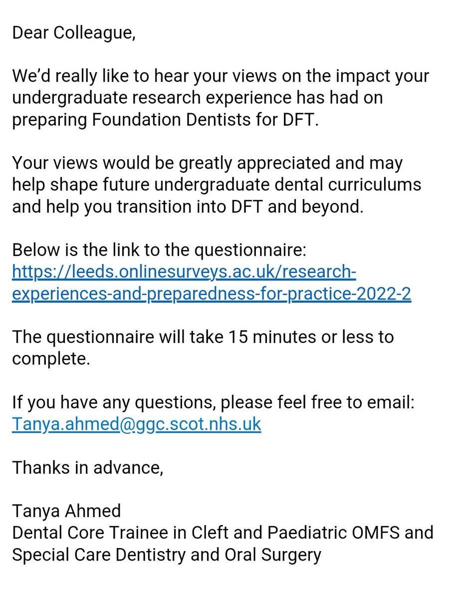 Emma Robinson (@e_robinson_bds) on Twitter photo Any foundation or joint core foundation dentists out there? <a href="/Tanyhmd/">Tanya Ahmed</a> needs your help with her research!
leeds.onlinesurveys.ac.uk/research-exper… Any foundation or joint core foundation dentists out there? <a href="/Tanyhmd/">Tanya Ahmed</a> needs your help with her research!
leeds.onlinesurveys.ac.uk/research-exper…