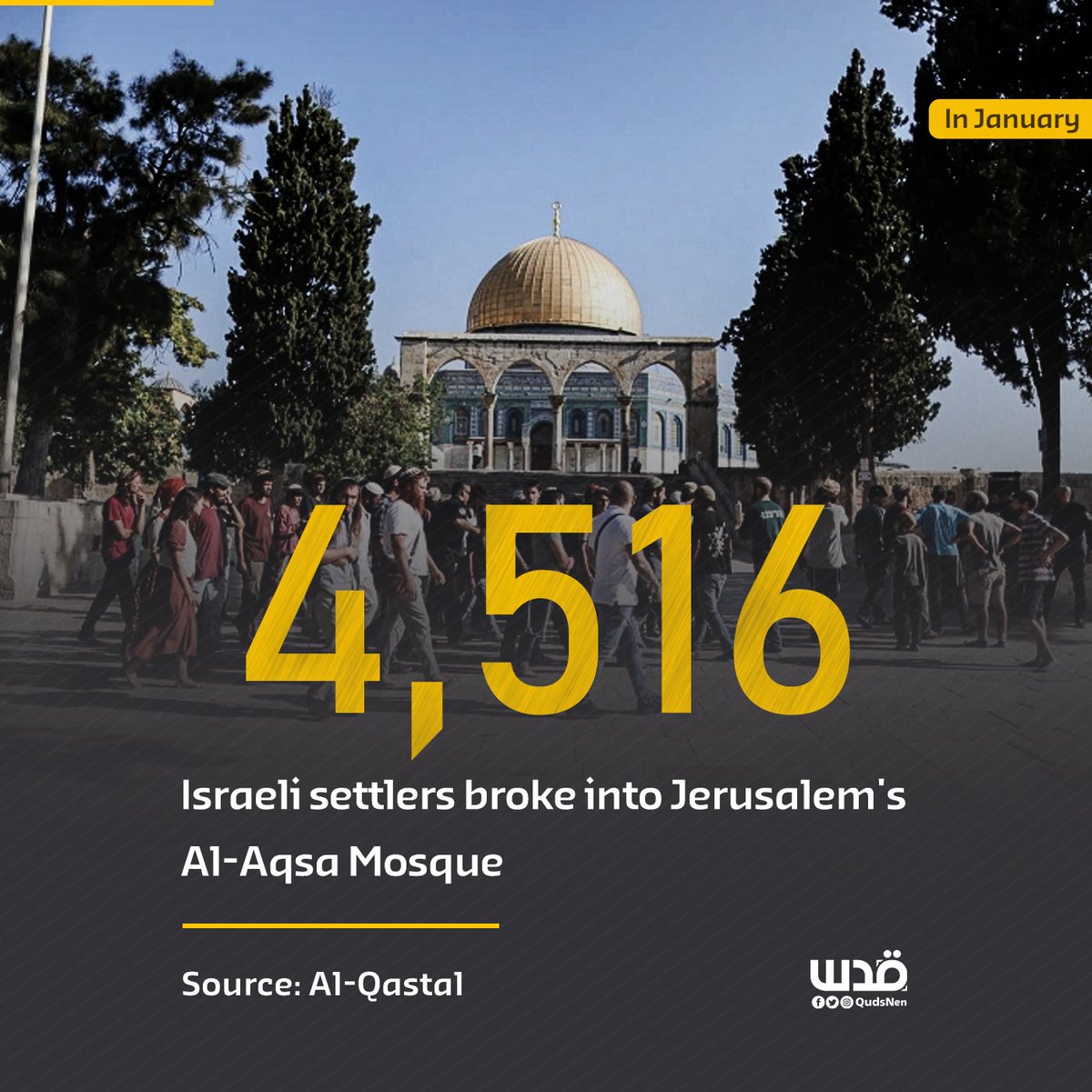 QudsNen's tweet photo. A total of 4,516 Israeli Jewish settlers broke into Al-Aqsa Mosque compound in occupied Jerusalem in January 2023. https://t.co/0qU3tDHFTs