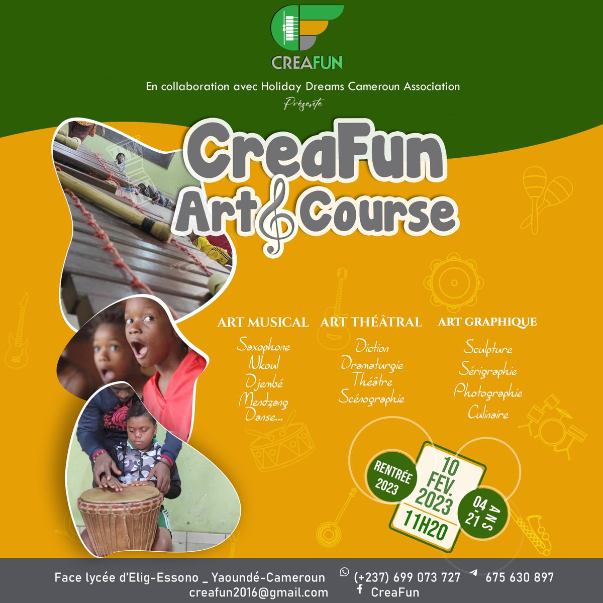 festy_Partages's tweet photo. 🚨[#formation] Rentrée artistique le 10 février à l'espace culturel CREAFUN à #Yaoundé.  Initiation à l'Art musical , au théâtre et aux Arts visuels.

👩‍🏫50 places disponibles de 04 - 21 ans pour 2 trimestres.

🗓️1er trimestre : 10 février - 07 Mai.
 
☎️ 690073727/691514321
 
#art https://t.co/9b51sFOxFs
