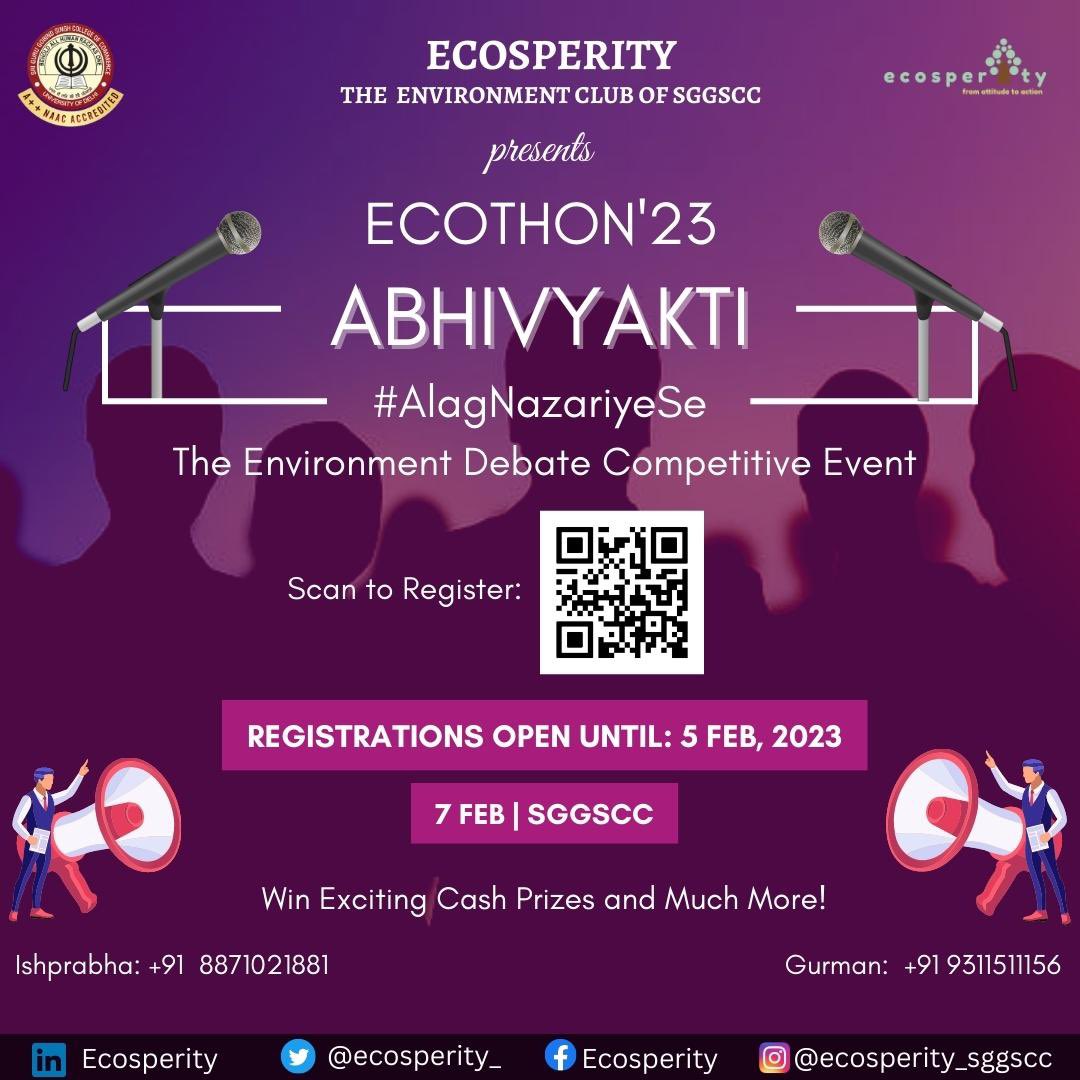 Ecosperity_'s tweet photo. Ecosperity, the Environment Club of SGGSCC is proud to announce "ABHIVYAKTI", The Environment Debate Competitive Event, under its flagship event Ecothon'23.✨🔥
Registration Link: https://t.co/dGViE8Zp9M
Registration Deadline: 5 February 2023
Preliminary Round Result: 6 February https://t.co/GDjQPuMUL9