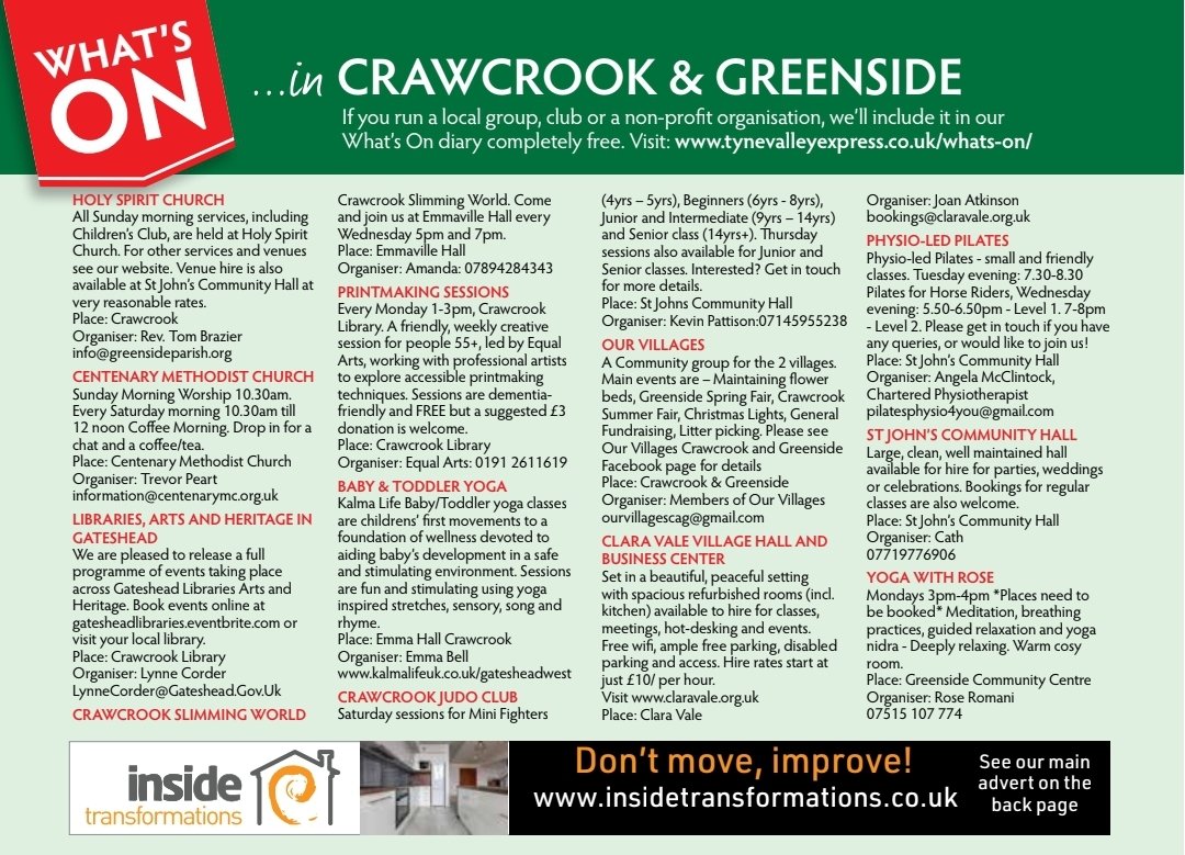 See What's On in Crawcrook and Greenside! 

#whatson #supportlocal #localbusiness