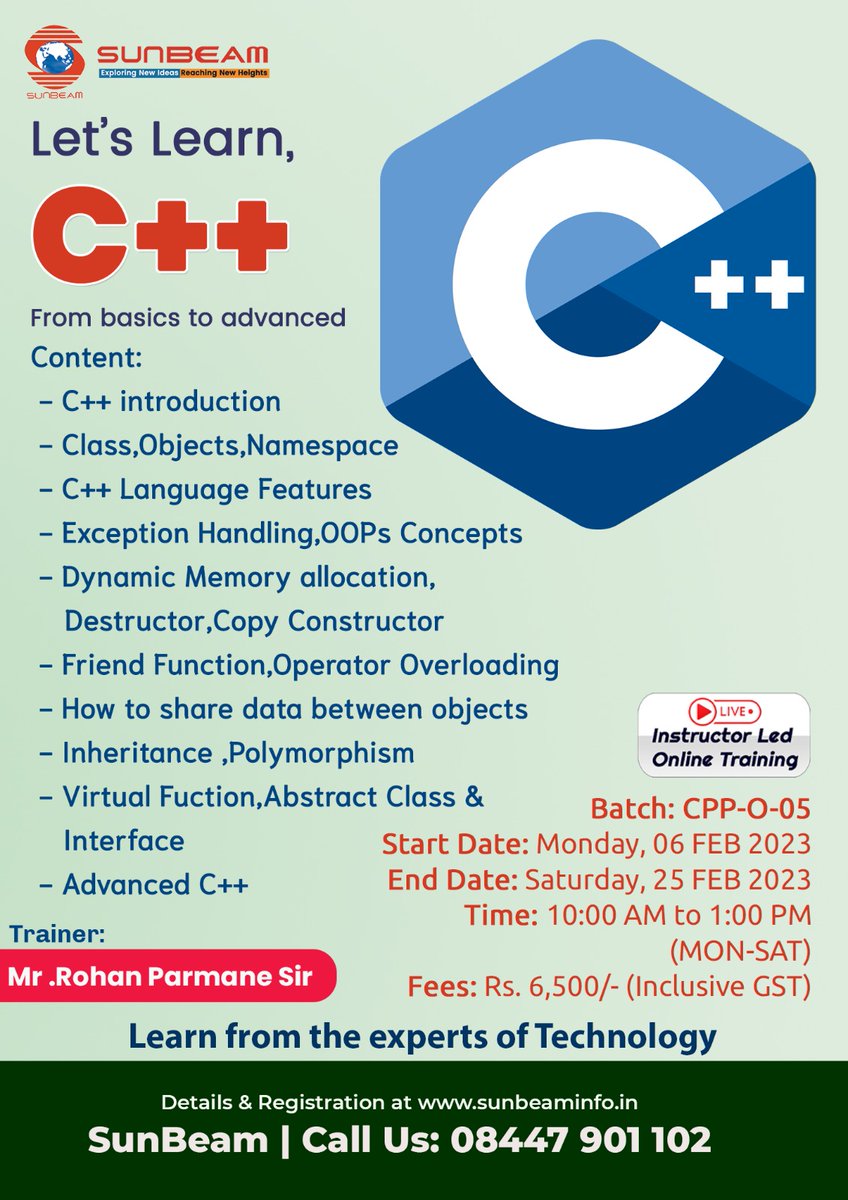 siitofficial's tweet image. To know more Visit: sunbeaminfo.in/modular-course…
#learncpp #cpp #cppclasses #learncpponline #onlinetraining #sunbeam