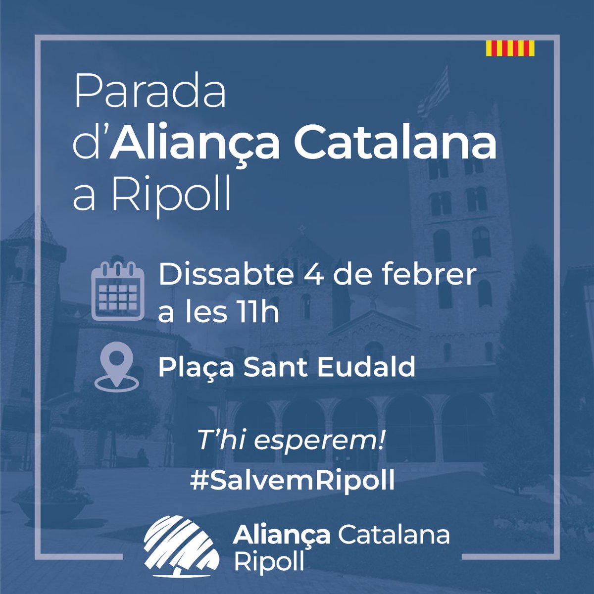 Aquest dissabte 4 de febrer ens trobaràs a la Plaça Sant Eudald de #Ripoll!

<a href="/orriolsderipoll/">Sílvia Orriols</a> i tot l'equip de <a href="/RipollAC/">Aliança Catalana Ripoll</a> compartiran amb tu el nostre projecte municipal i nacional.

T'hi esperem!

💙 #SalvemRipoll