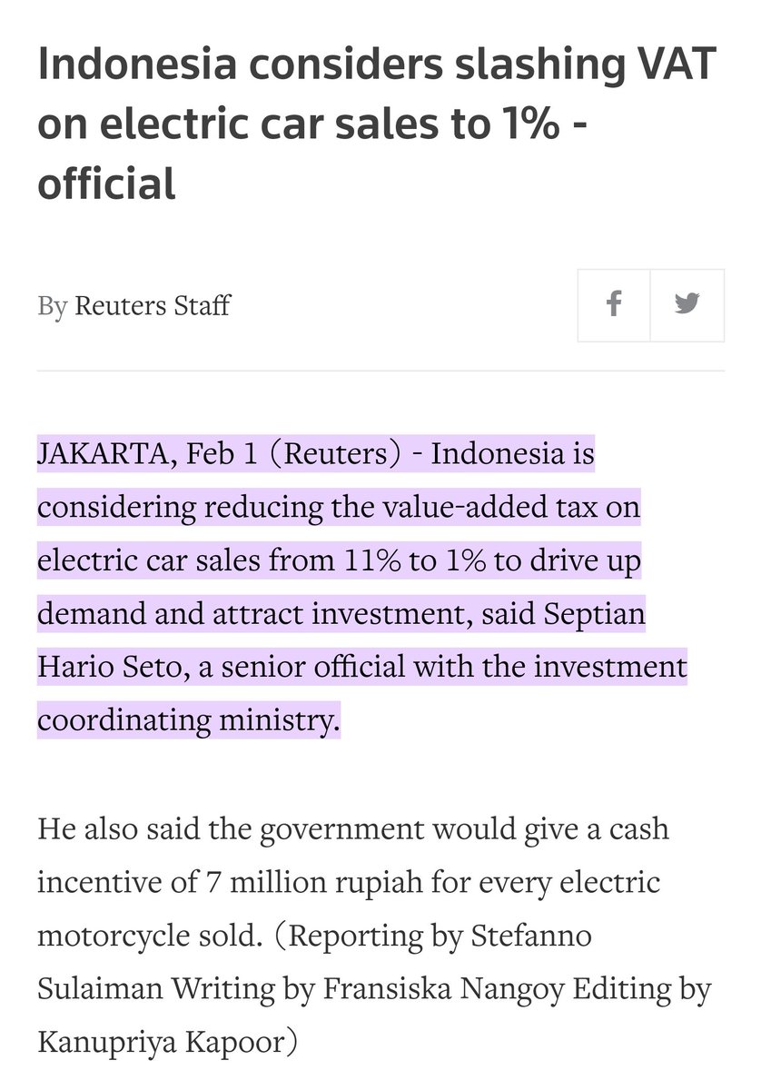 #Indonesia is considering reducing the value-added tax on electric car sales from 11% to 1% to drive...