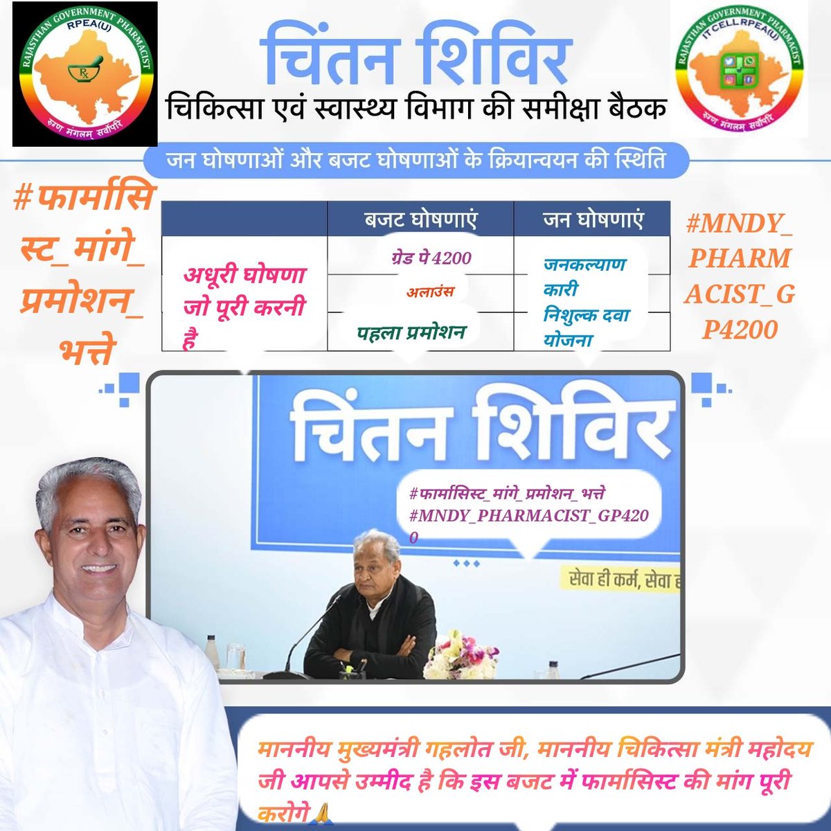 #फार्मासिस्ट_मांगे_प्रमोशन_भत्ते
#MNDY_PHARMACIST_GP4200
<a href="/ashokgehlot51/">Ashok Gehlot</a> 
<a href="/plmeenaINC/">Parsadi Lal Meena</a> 
<a href="/_lokeshsharma/">Lokesh Sharma</a> 
<a href="/CMHelpdesk/">Rajasthan CM Helpdesk</a> 
<a href="/RajCMO/">CMO Rajasthan</a>