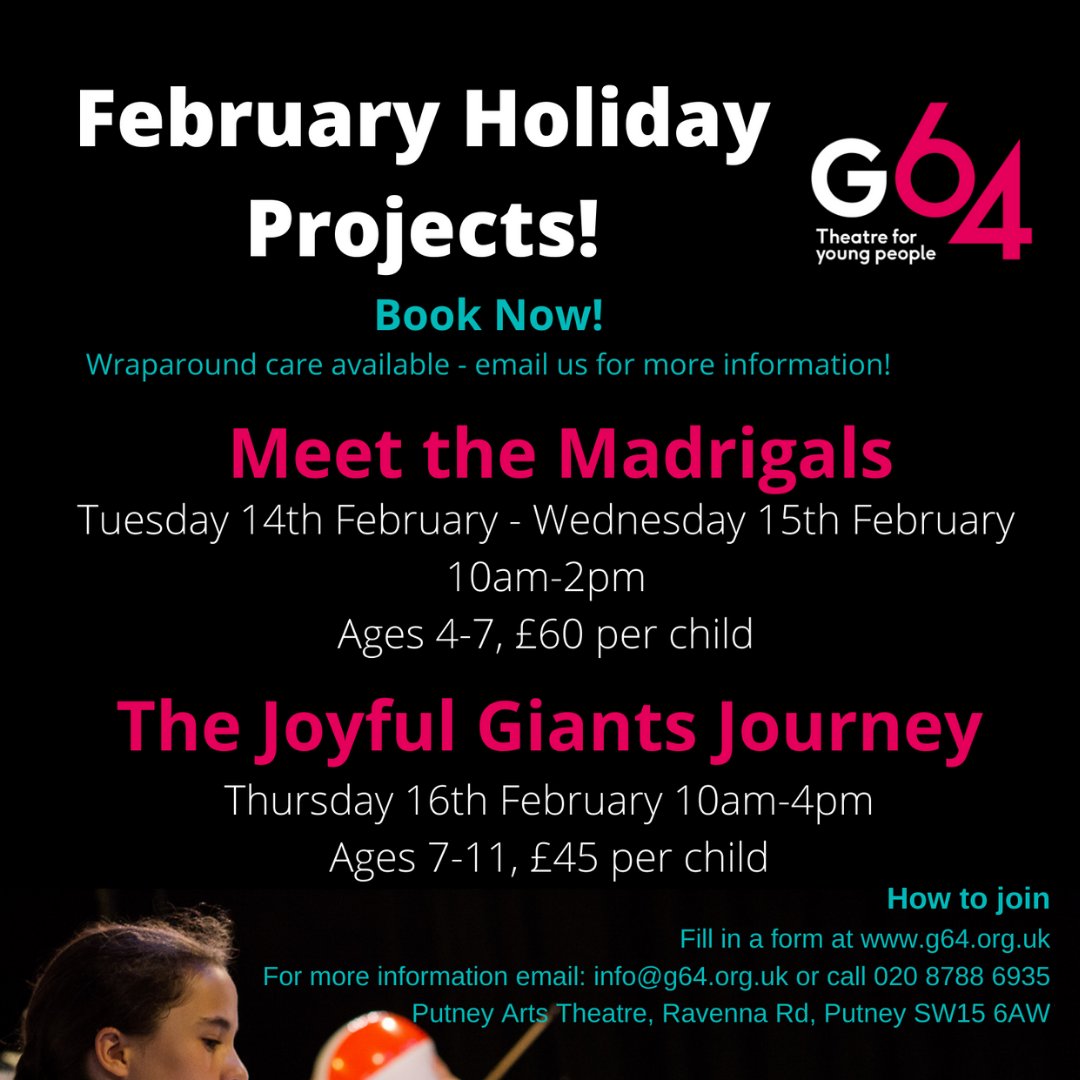 Group64's tweet photo. Our February Half Term Holiday Projects are filling up quick!⏳️
We're offering wrap around care for our two projects this half term and are so excited to be exploring Encanto with ages 4-6 and The BFG with ages 7-11!🪄
#YouthTheatre #Performance #HalfTerm #HolidayProject https://t.co/ZDBQ2WnVvx