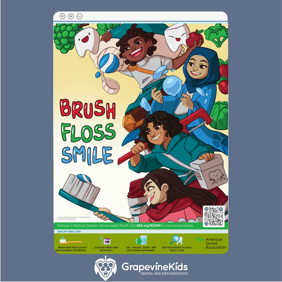 February is Dental Health Awareness Month! This year, the ADA theme is BRUSH, FLOSS, SMILE! We'll give you tips all month long. #dentalhealthawarenessmonth #brushflosssmile #smilegrapevinekids #grapevinekidsdental