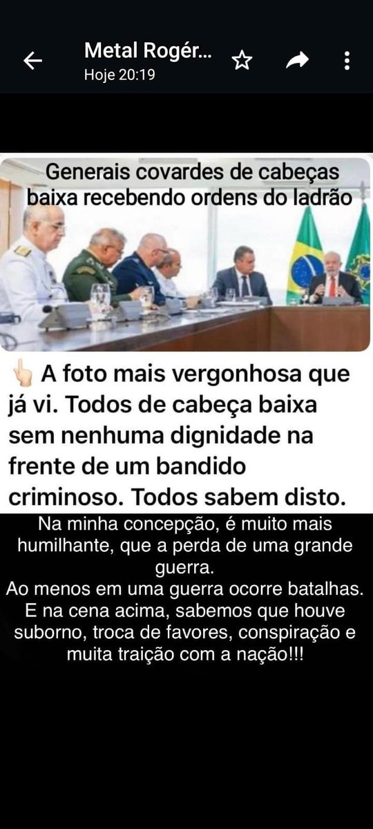 Que vergonha!
Generais vendidos!
Sem nenhuma dignidade! Como podem se olhar no espelho?
