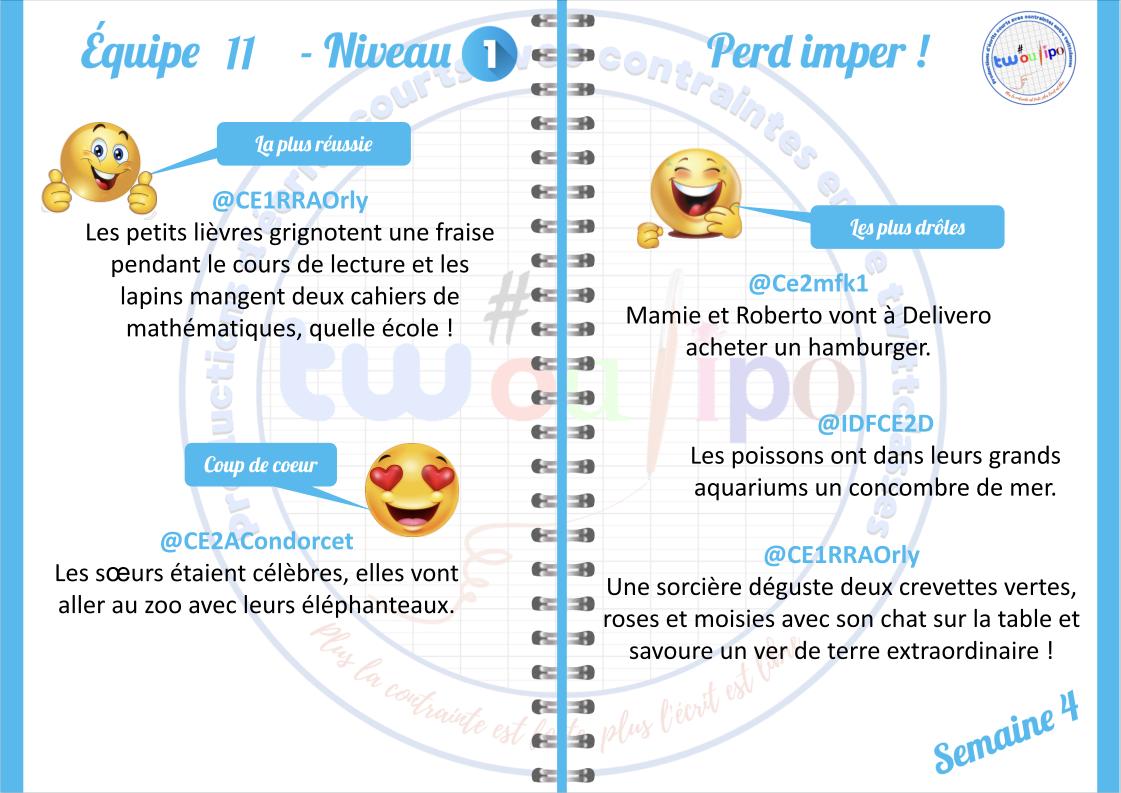 4 classes récompensées cette semaine ! Une mention spéciale <a href="/CE1RRAOrly/">Galactica</a> pour ses 2 phrases choisies.  Bravo à toutes les classes pour leur participation à cette saison 7.
<a href="/CE1_CE2_NDSLG/">Classe de CE2 NDSLG</a>
@lesCEdesPep78
<a href="/CE2a_Guillaumet/">Geraldine Laur</a>
<a href="/CE1RRAOrly/">Galactica</a>
<a href="/CE2ACondorcet/">CE2A École Condorcet Bordeaux</a>
<a href="/IDFCE2D/">IDFCe2D</a>
<a href="/Ce2mfk1/">Ce2mfk</a>