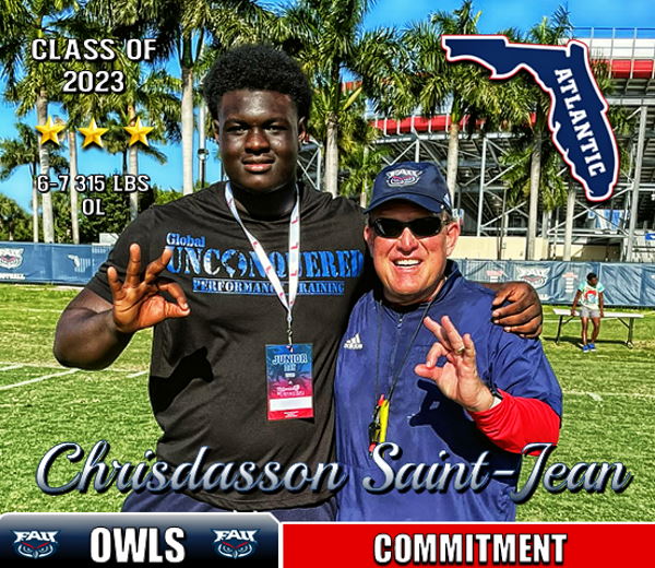 🎁SIGNING DAY SURPRISE🎁CONGRATS to 6-7 315 lbs ⭐️⭐️⭐️ OL @chrisimpel12 of @EvanshsFootball on his commitment to @CoachTomHerman and the @FAUFootball Class of 2023! Chose #FAU over P5 programs #WVU #PennState #Purdue and #Colorado. WELCOME to Parad🌴23 Chrisdasson! #GoOwls 🦉🏈