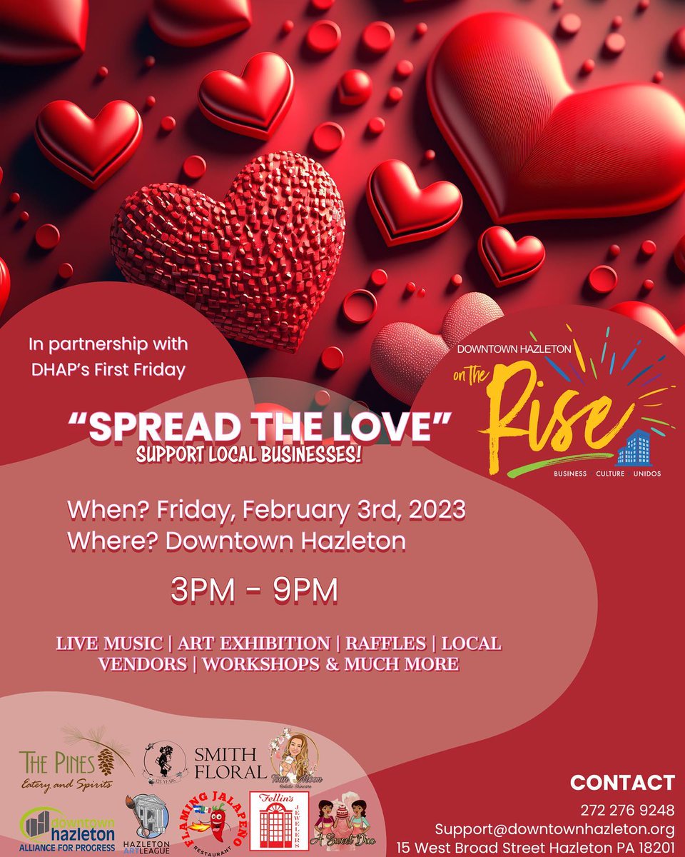 hazletoncando's tweet photo. Join #DHAP THIS FRIDAY as they "Spread the Love" during #FirstFriday!
Whether you're taking part in a raffle, local vendor shopping, or experiencing the arts, there's fun to be had for the whole family! 💘
Learn more here ➡️: https://t.co/kcZppNtEZ4 https://t.co/UUIIN3EThR