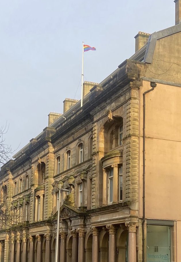 inverclyde's tweet photo. The Pride Flag is flying above the Greenock Municipal Buildings today to mark the start of LGBT+ History Month. The @LGBTHM theme is #BehindTheLens to encourage everyone to look and listen to LGBT+ peoples’ experiences 🏳️‍🌈 #LGBTplusHM https://t.co/pQSdRm1Mfq