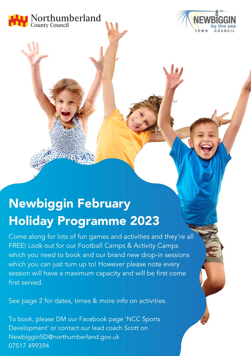 RNorthumberland's tweet image. N_landCouncil: RT @NewbigginTC: FREE February children's Half Term Activity Camp. Funded by Newbiggin Town Council in partnership with @N_landCouncil Sports Development.

See details below or visit newbiggintowncouncil.gov.uk for more information. 

#stayac…