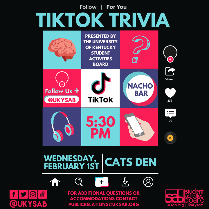 Test your Tik Tok knowledge on everything from dances to sounds to viral trends for a chance to WIN PRIZES! You can’t forget about FREE FOOD, while you play. Like the viral UK fan would say, “Y’all already know” to come to Cats Den tonight from 5:30-7:00 pm! 🕺🎤🤳